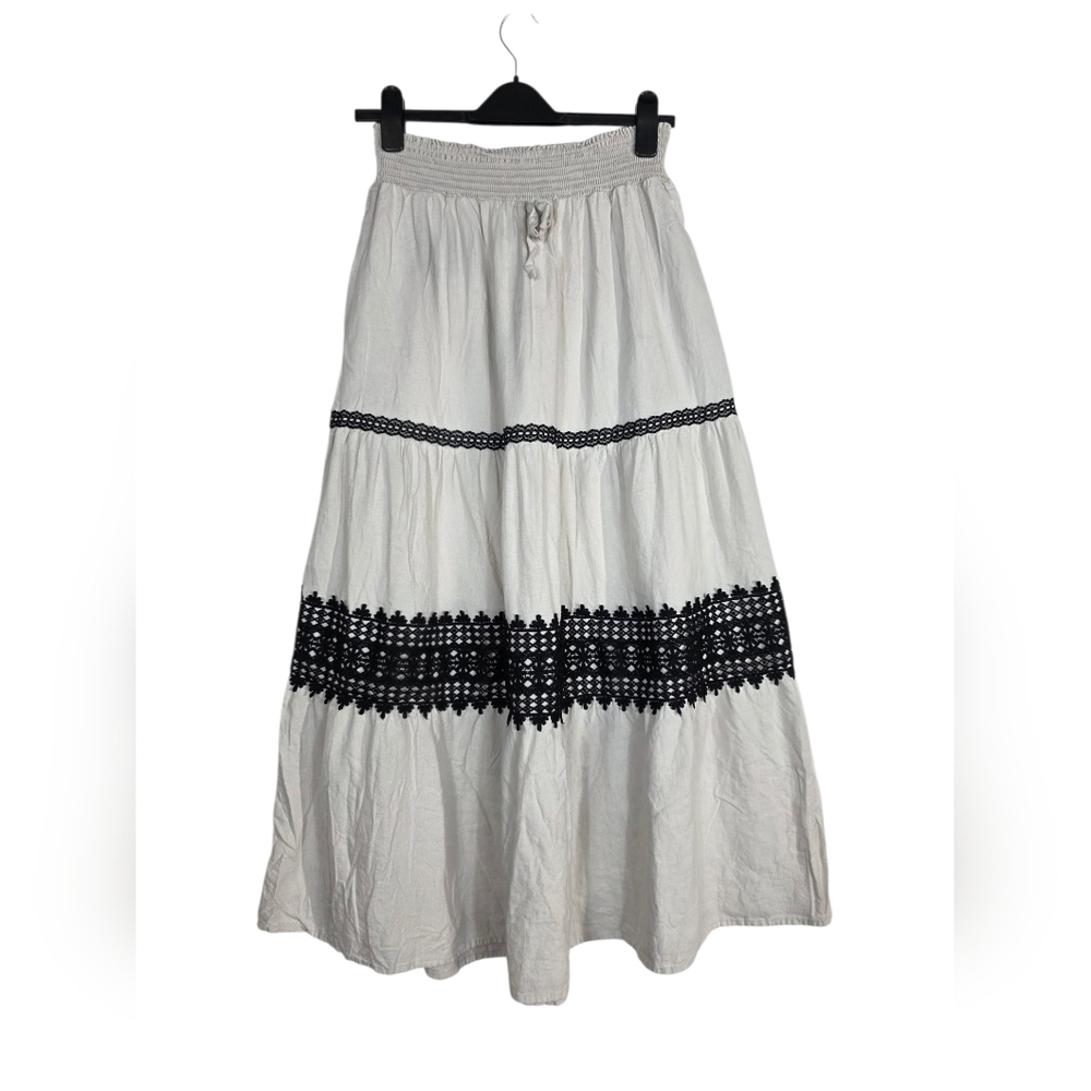 4Our Dreamers linen blend White Maxi Skirt with Black Lace Trim